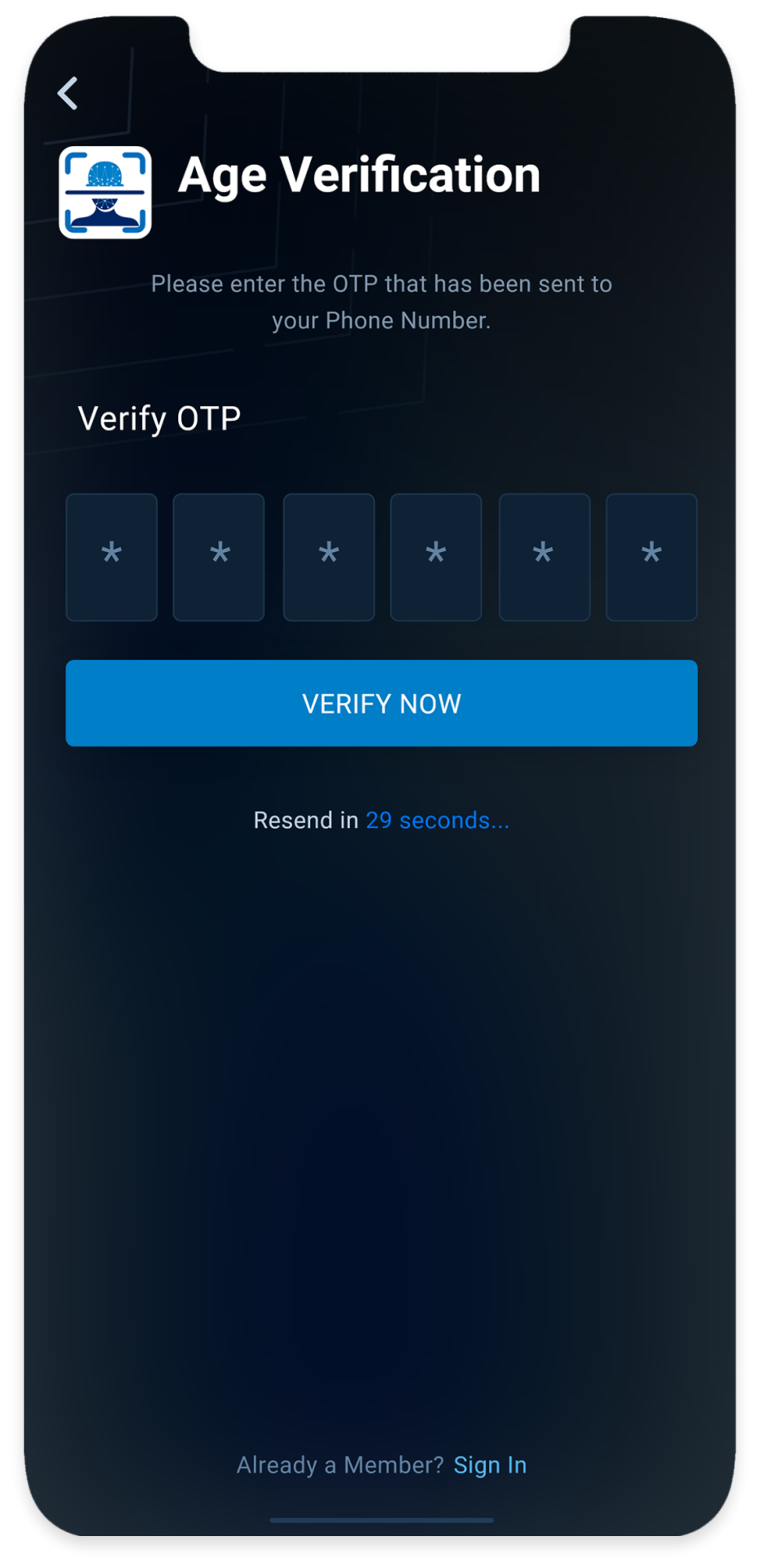 Enter the one-time verification code you receive via text or email to complete the age verification process