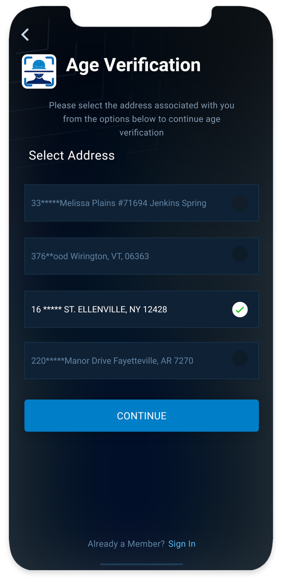 Select address in Age Verification Form
